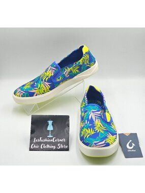 NWT OluKai Men's Laeahi Pai Sunset Blue Aloha Canvas Slip-On Sneakers Sz 10 2845